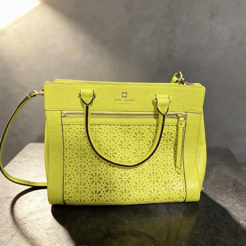 Kate Spade Lime Green Perforated Leather Satchel Crossbody Bag Floral